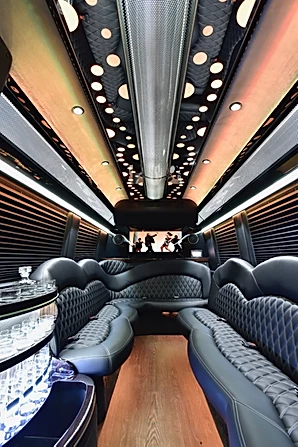 Wooden flooring and lighting inside the Sprinter limo car