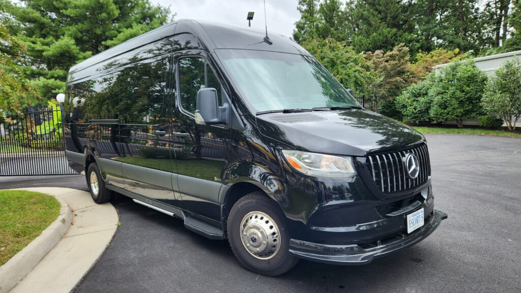 Black van parked near green trees.