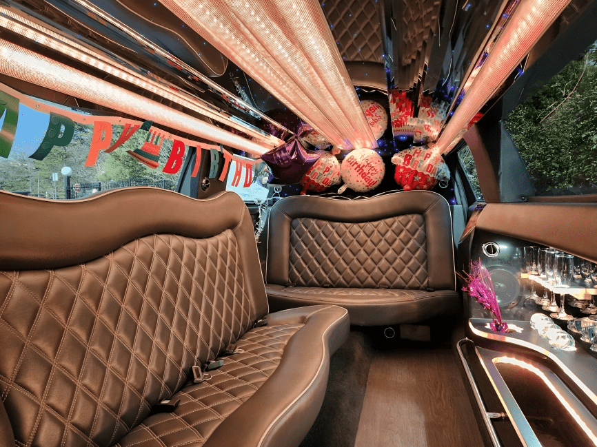 Luxurious limo interior decorated for celebration. Luxurious limo interior decorated for celebration.