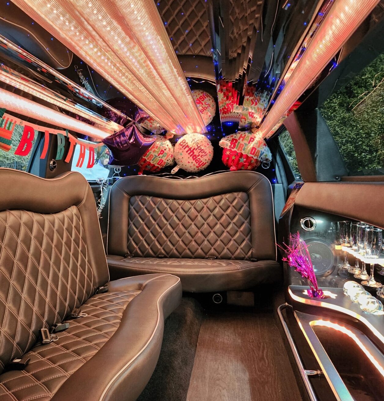 Luxurious limousine interior with festive decorations. Luxurious limousine interior with festive decorations.