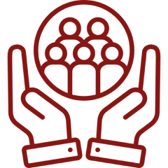 Hands holding people icon in circle.