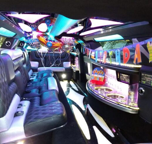 Limousine interior decorated for a birthday party.