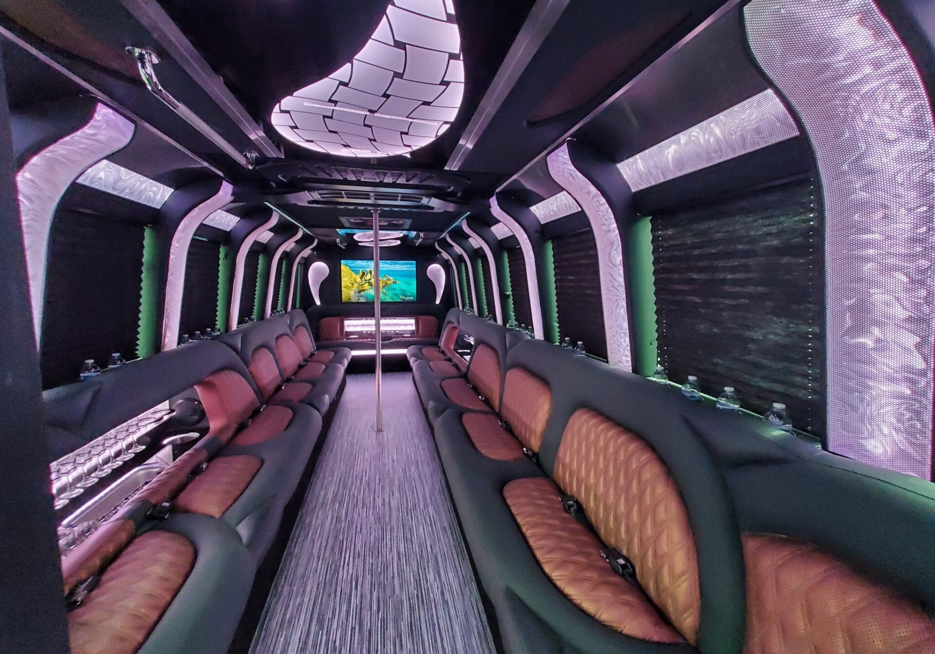 Luxury party bus interior with ambient lighting. Luxury party bus interior with ambient lighting.