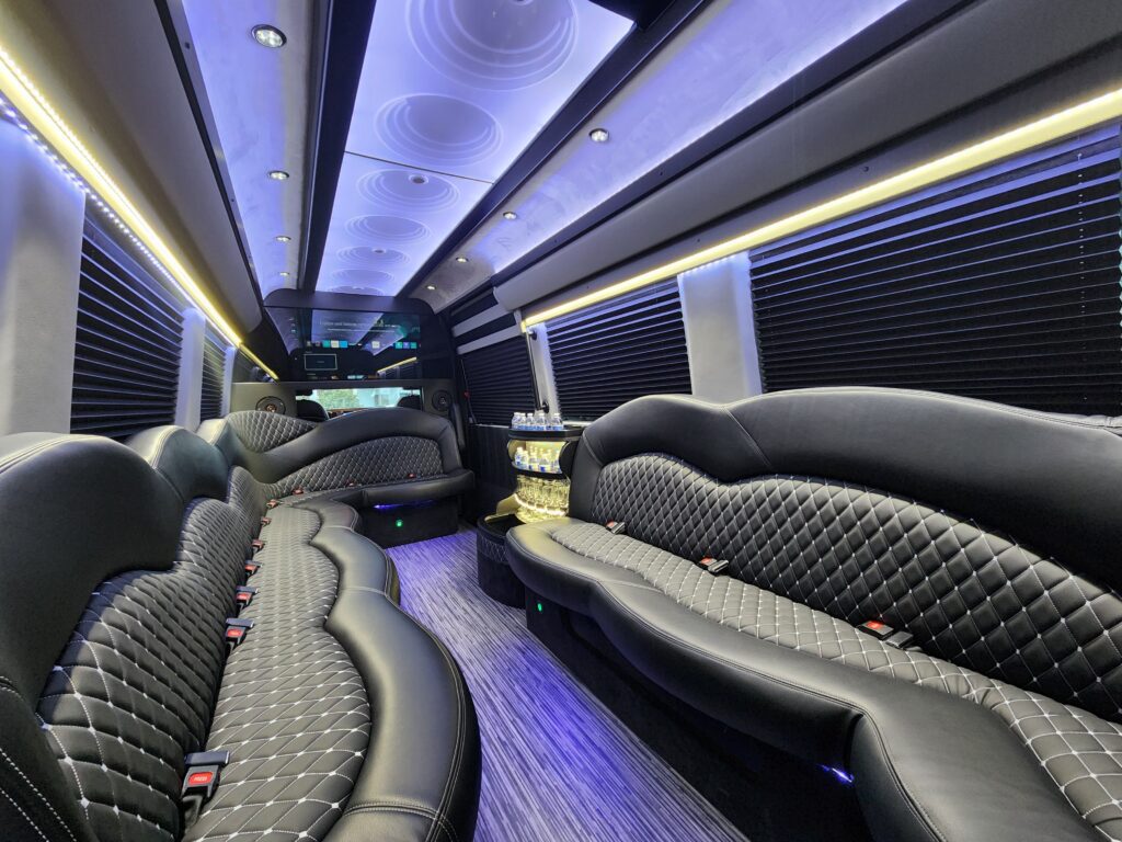 Luxurious interior of a limousine bus.