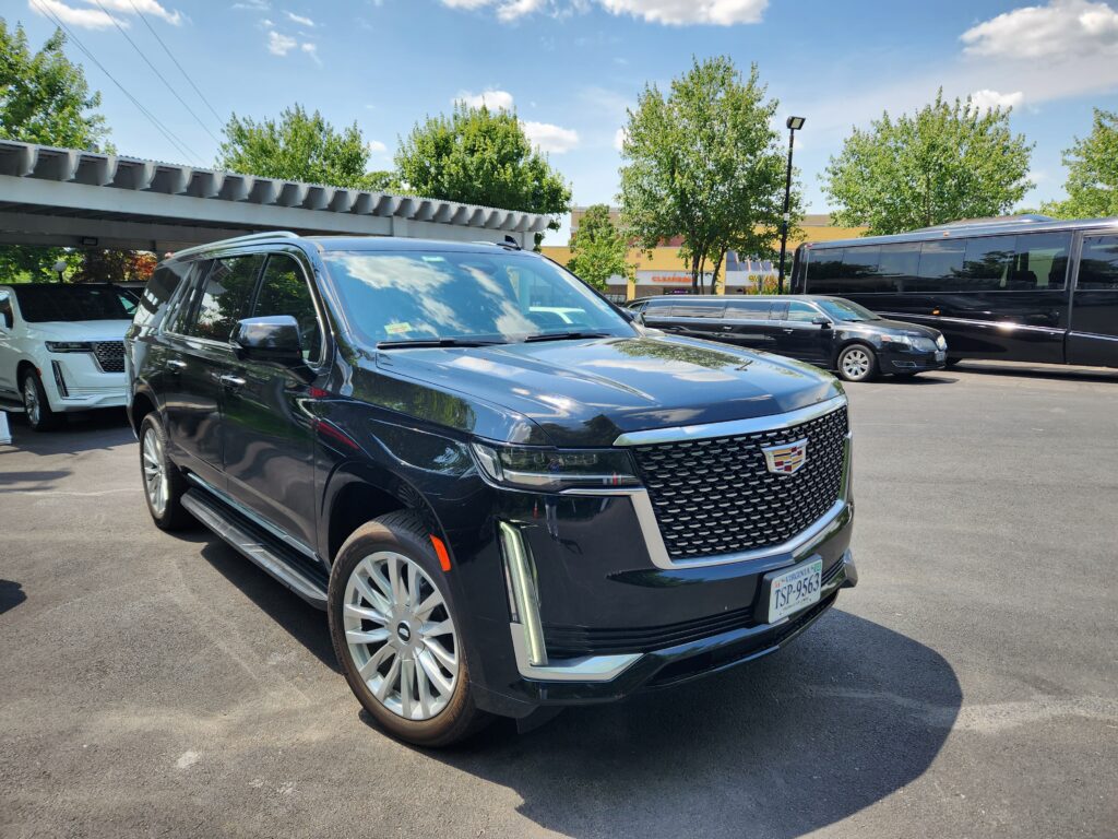 Black SUV parked under sunny sky.